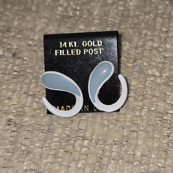 Jewelry - Vintage 80s Chic Blue and White Hoop Earrings With 14k Gold Filled Posts